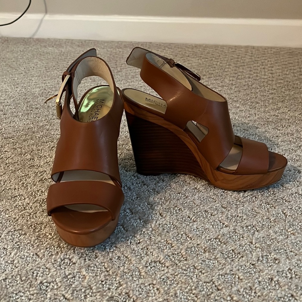 Cognac Michael Kors Carla platform wedge sandals